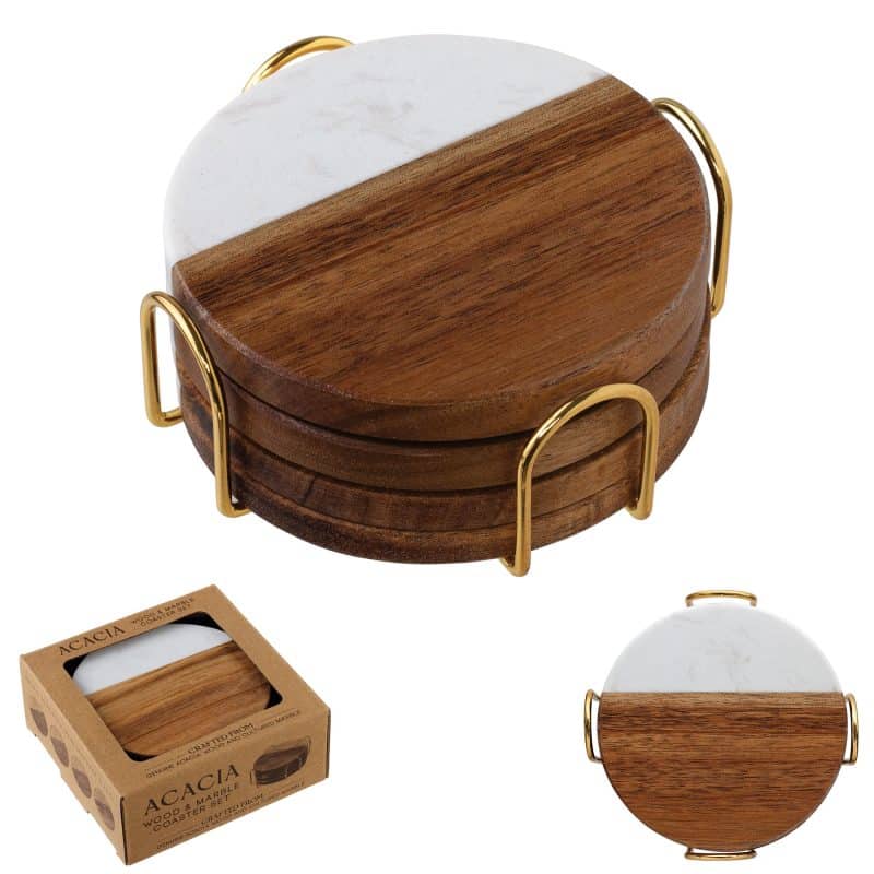 Acacia Wood & Marble Coaster Set - 1