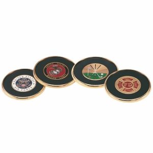 Gold Plated Coaster w/Black Leather takes 2" Medallion Insert